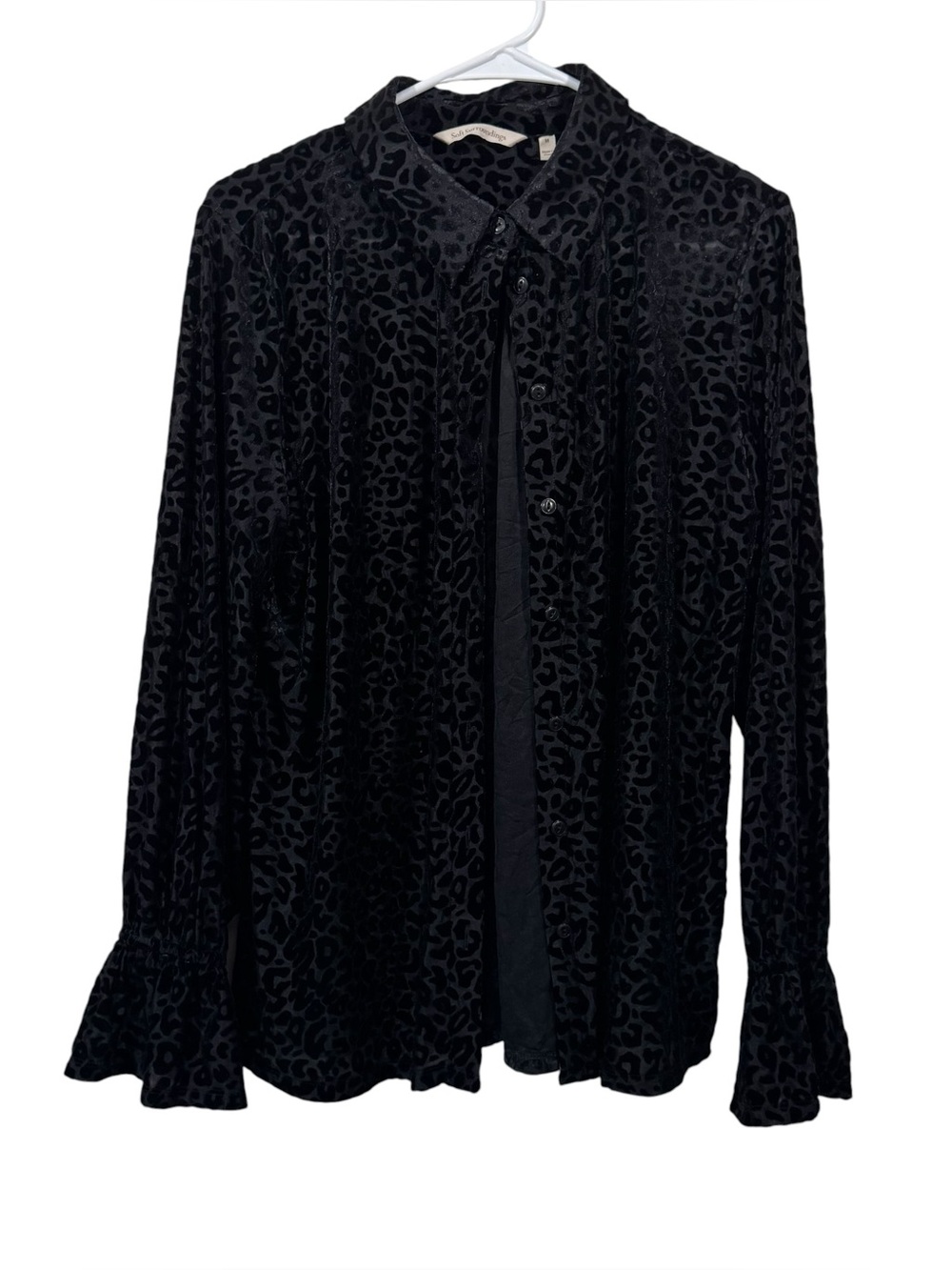 Soft Surrounings Black Leopard Semi-Sheer Velvet Collared Long Sleeve Shirt